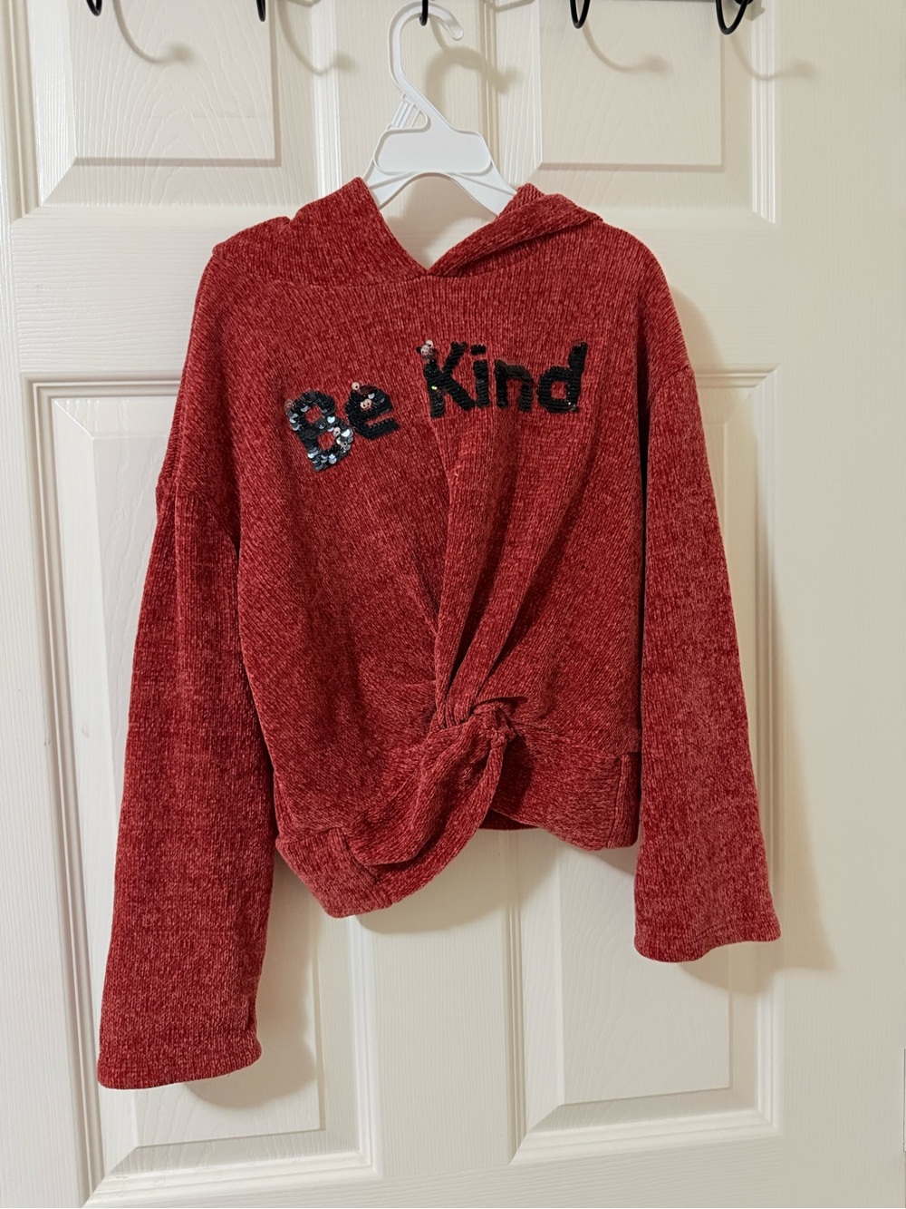 Girls' Hooded Red 'Be Kind' Pullover with Front Knot